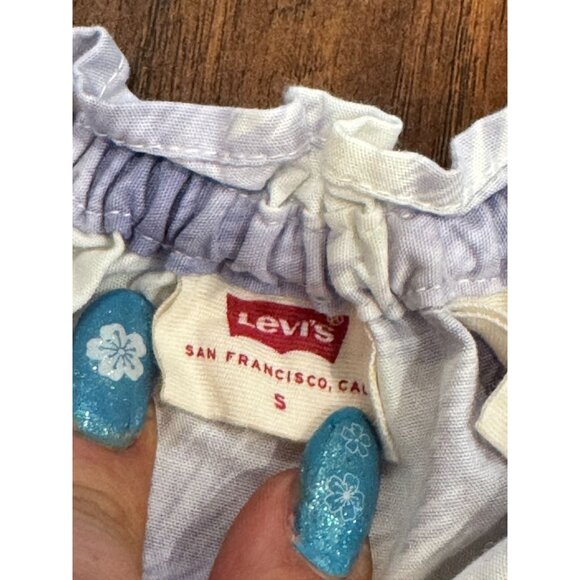 Levis Off-Shoulder Crop Smocked Blouse With Puff Sleeves In Purple Palm Print S - Picture 3 of 4